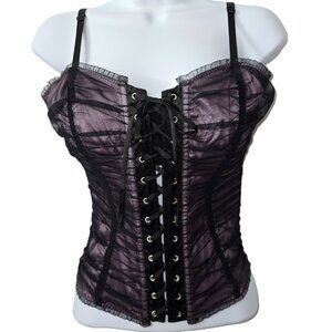 Vintage Y2K Coquette Corset Top M Silk Mesh Nylon Black Moda International Goth